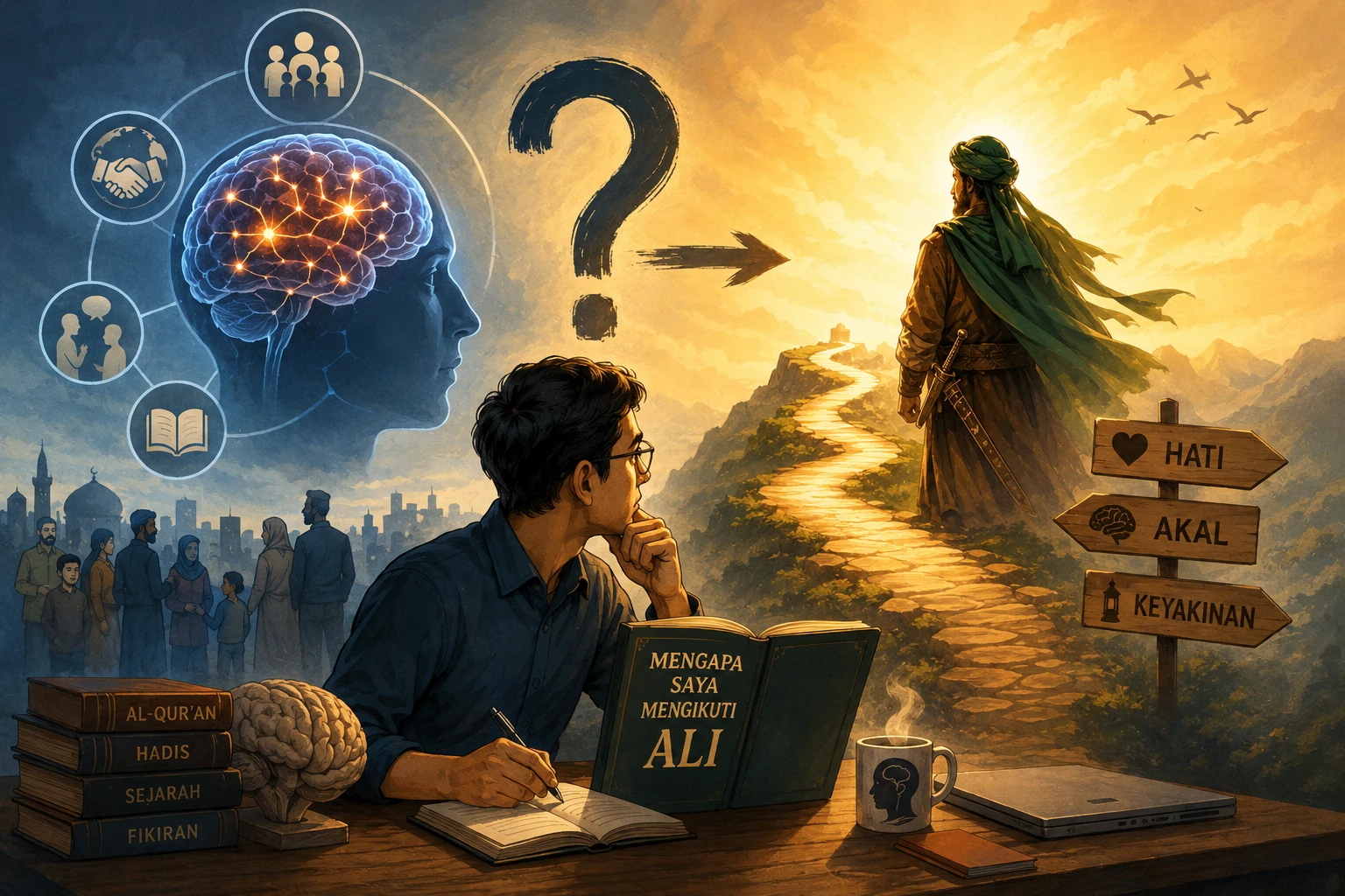 Seorang pembaca menatap jalan panjang pencarian kebenaran, memadukan ilmu pengetahuan, pengalaman sosial, refleksi intelektual, dan keyakinan spiritual dalam upaya memahami makna mengikuti Ali bin Abi Thalib sebagai pilihan yang lahir dari dialog antara hati, akal, dan nurani. (Ilustrasi ChatGPT).
